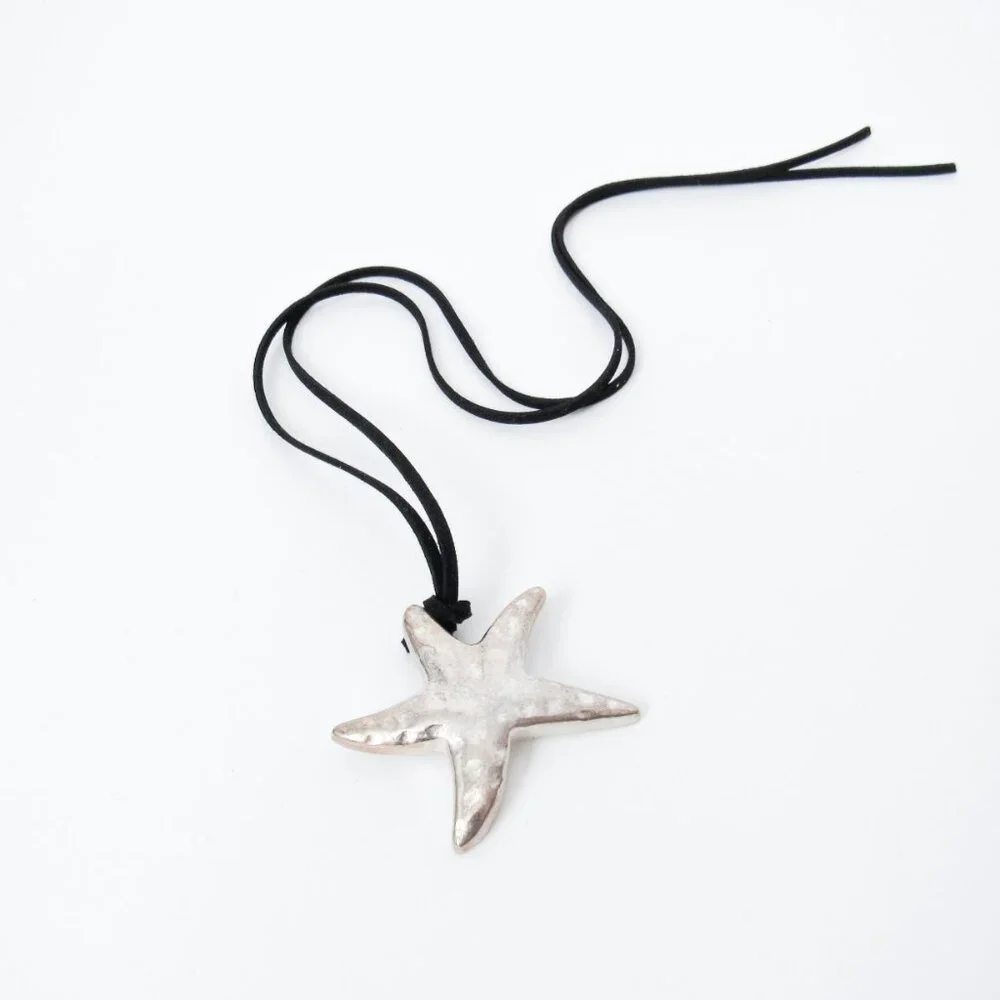 VINTAGE SILVER STAR METAL PENDANT NECKLACE Black Leather Lace Summer Jewelry - Picture 6 of 7